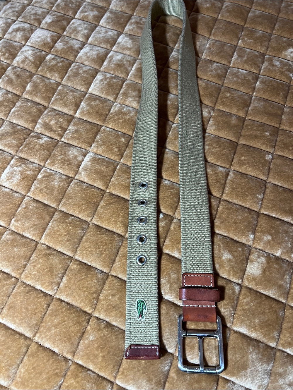 Lacoste Olive Green Webbed Belt with Brown Leather Trim